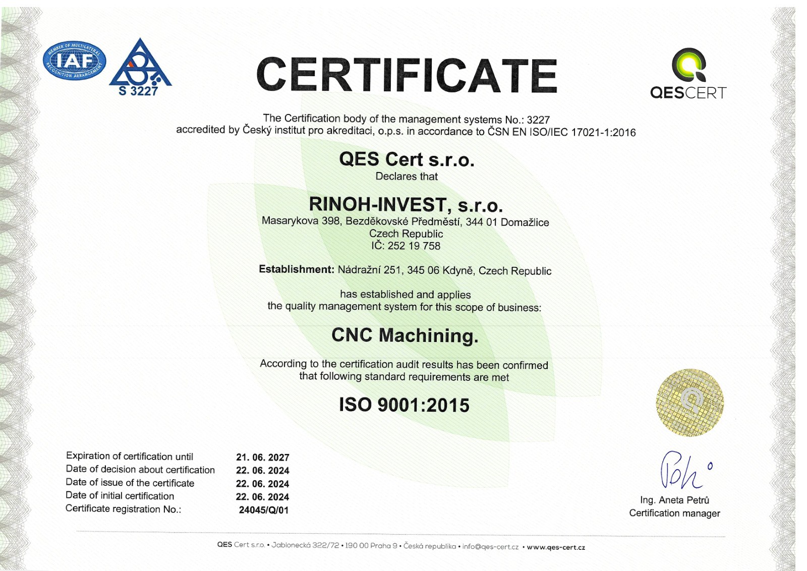 Certificate ISO 9001:2015 – scope CNC Machining, valid until 21 June 2027 (anglicky)